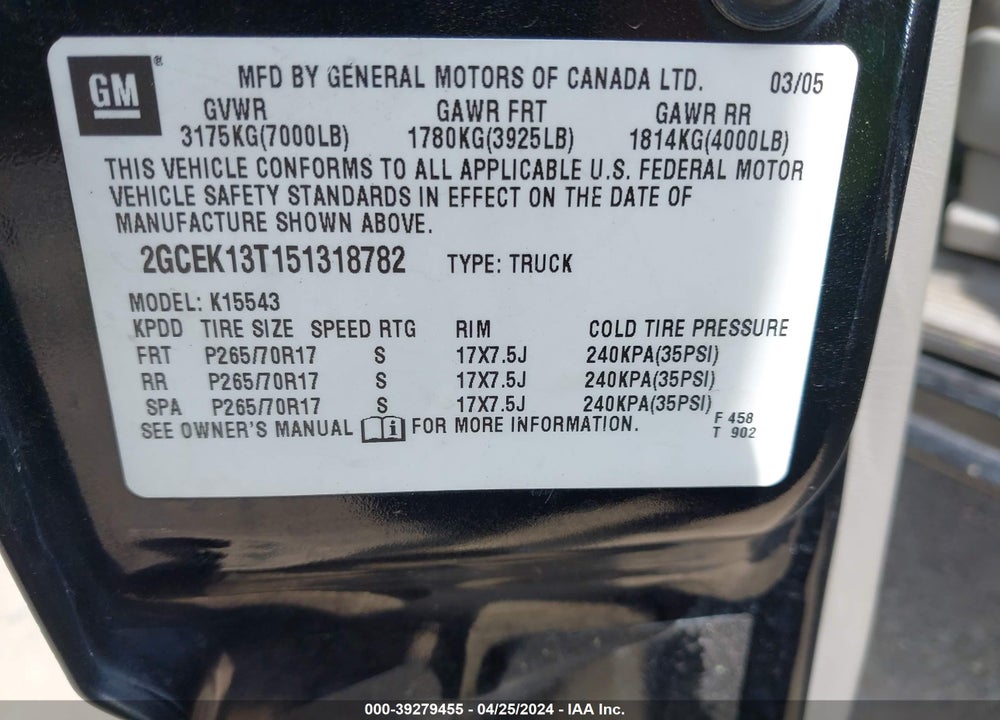 2005 CHEVROLET SILVERADO 1500 Z71 VIN: 2GCEK13T151318782