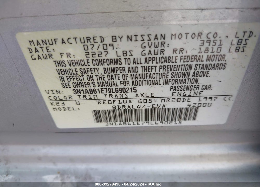 2009 NISSAN SENTRA 2.0 VIN: 3N1AB61E79L690215