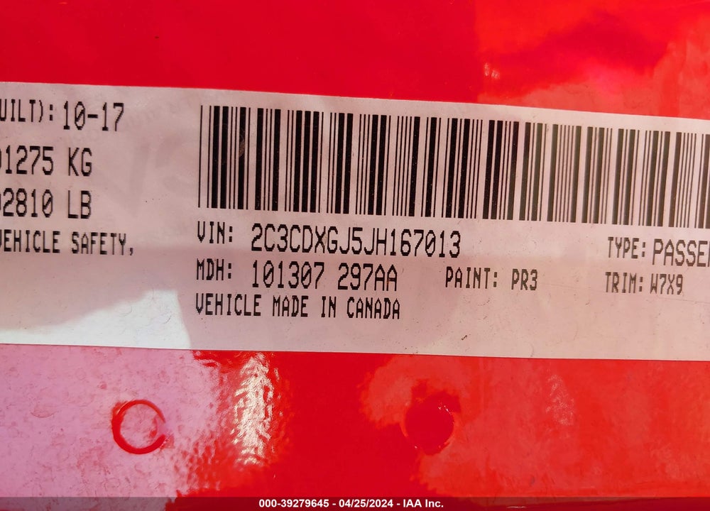 2018 DODGE CHARGER R/T SCAT PACK RWD VIN: 2C3CDXGJ5JH167013