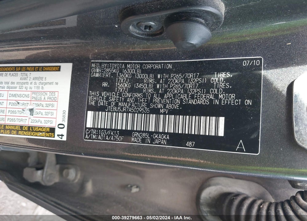 2010 TOYOTA 4RUNNER SR5 V6 VIN: JTEBU5JR7A5029535