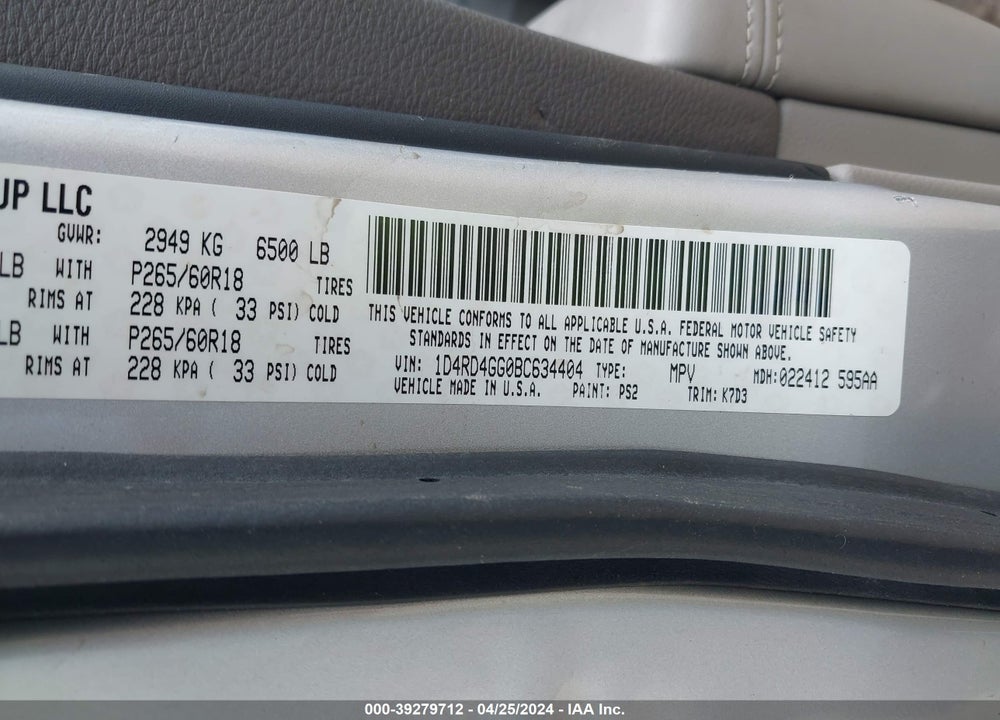 2011 DODGE DURANGO CREW VIN: 1D4RD4GG0BC634404
