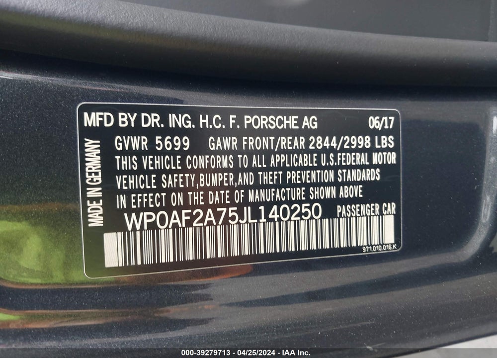 2018 PORSCHE PANAMERA VIN: WP0AF2A75JL140250