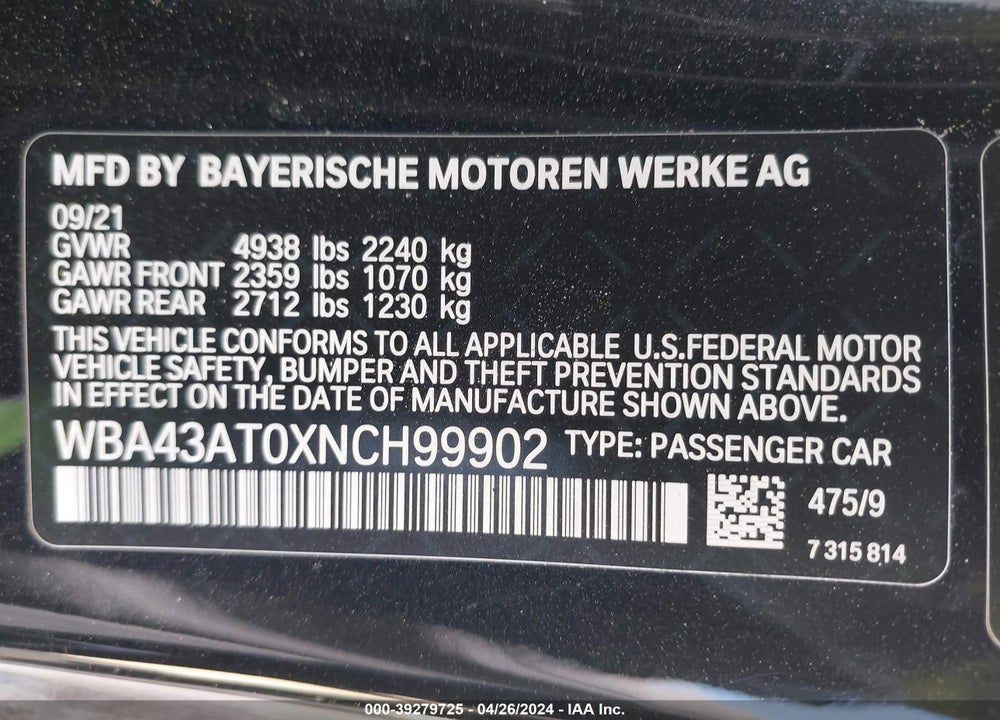 2022 BMW 430I XDRIVE VIN: WBA43AT0XNCH99902