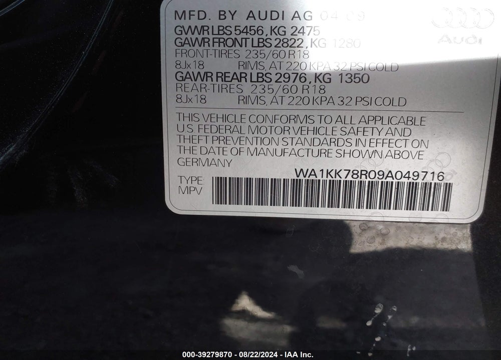 2009 AUDI Q5 VIN: WA1KK78R09A049716