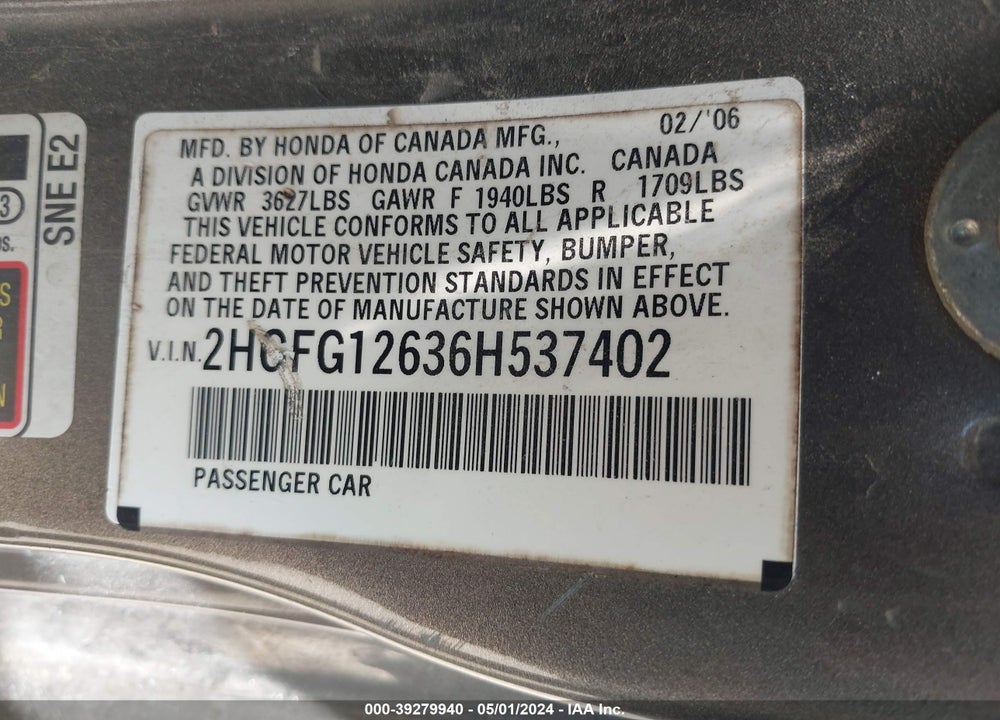 2006 HONDA CIVIC LX VIN: 2HGFG12636H537402