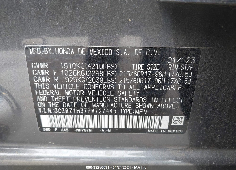 2023 HONDA HR-V VIN: 3CZRZ1H37PM727445