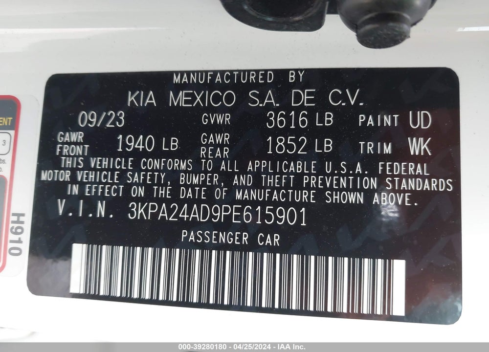 2023 KIA RIO S VIN: 3KPA24AD9PE615901