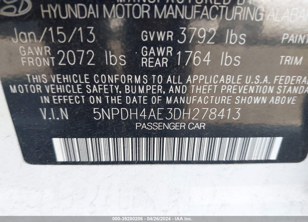 2013 HYUNDAI ELANTRA GLS VIN: 5NPDH4AE3DH278413