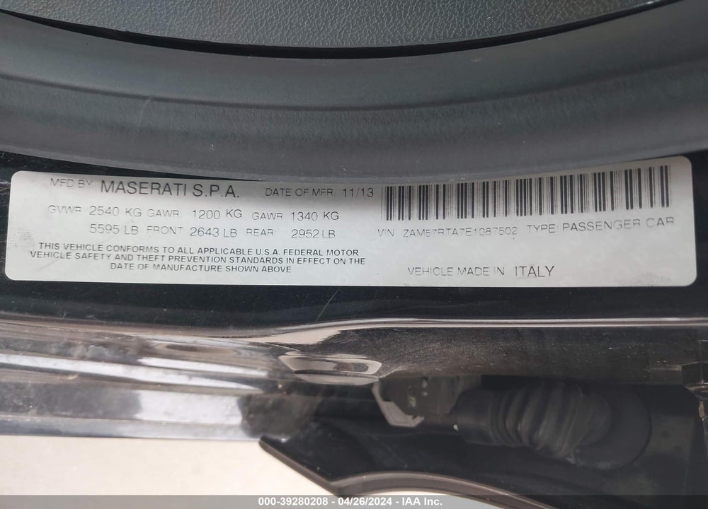 2014 MASERATI GHIBLI S Q4 VIN: ZAM57RTA7E1087502