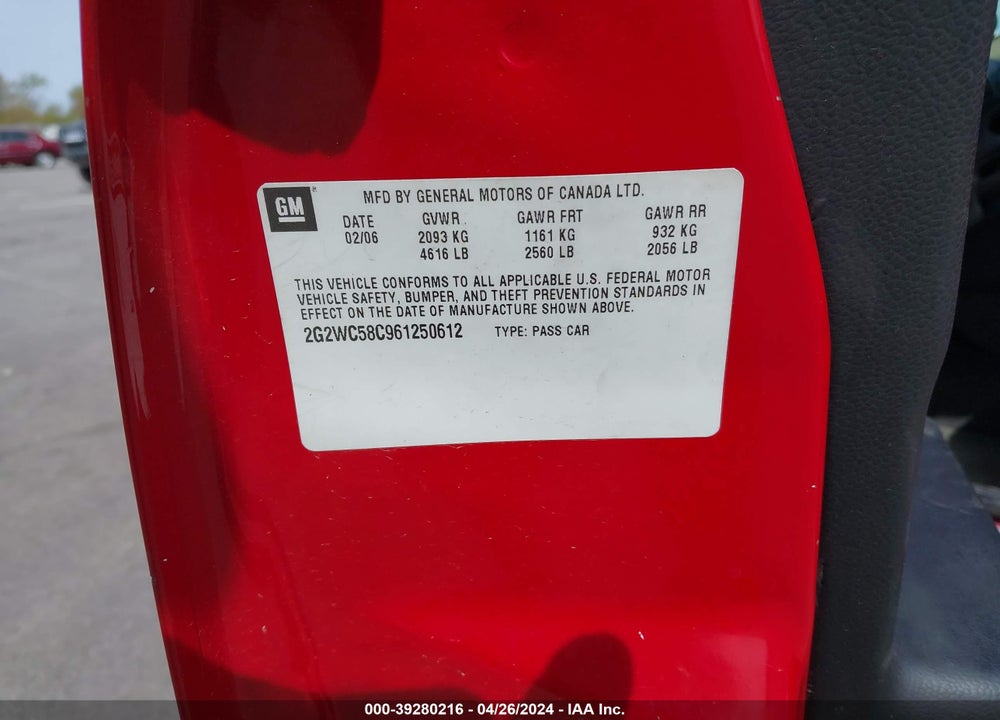 2006 PONTIAC GRAND PRIX GXP VIN: 2G2WC58C961250612