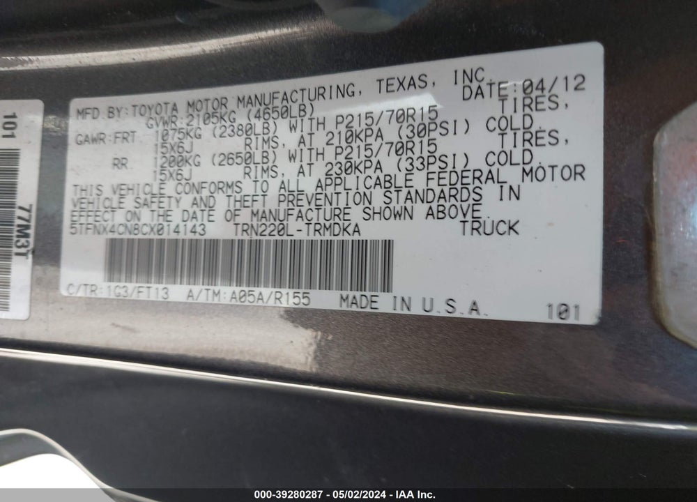 2012 TOYOTA TACOMA VIN: 5TFNX4CN8CX014143