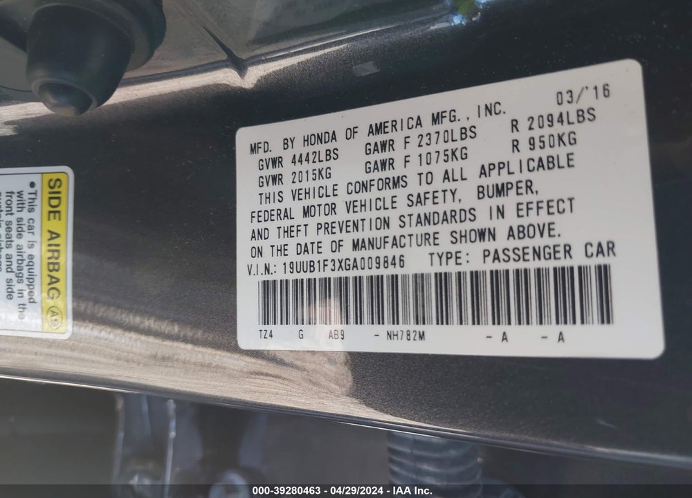 2016 ACURA TLX VIN: 19UUB1F3XGA009846