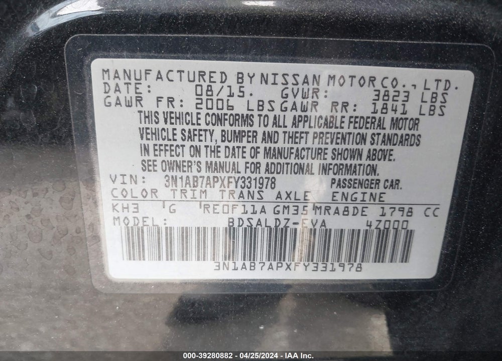 2015 NISSAN SENTRA SV VIN: 3N1AB7APXFY331978