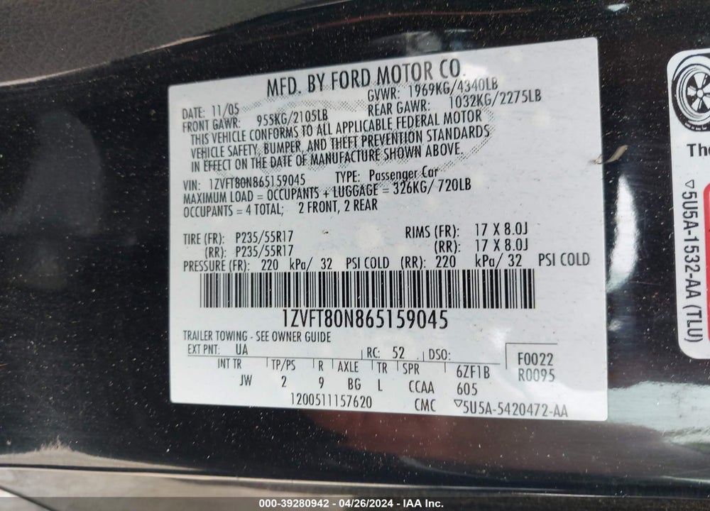 2006 FORD MUSTANG V6 VIN: 1ZVFT80N865159045