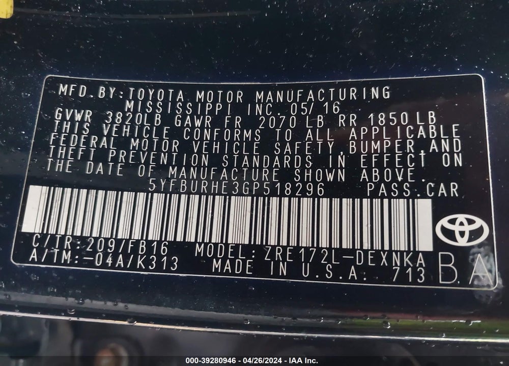 2016 TOYOTA COROLLA VIN: 5YFBURHE3GP518296