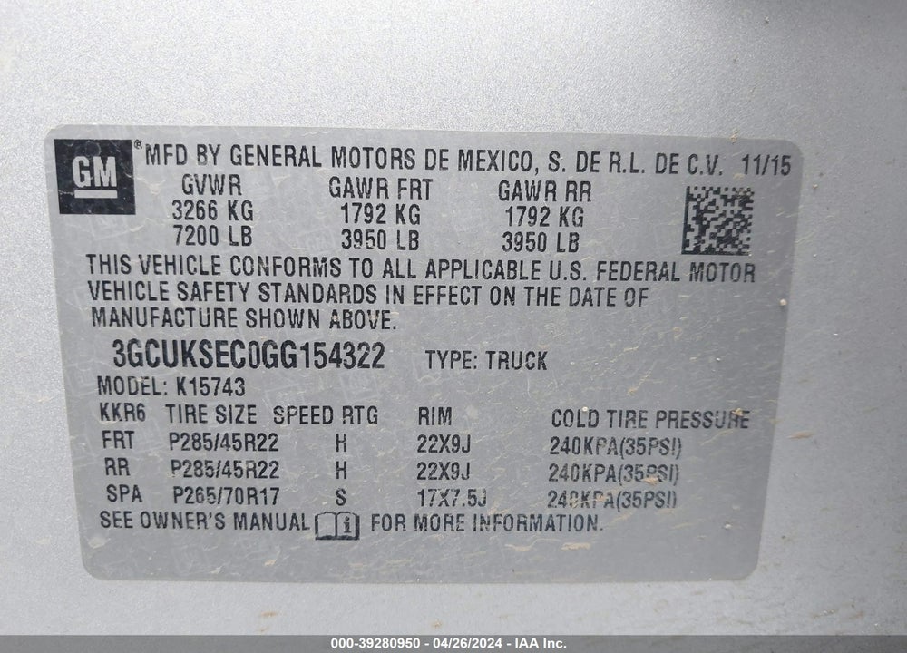 2016 CHEVROLET SILVERADO K1500 LTZ VIN: 3GCUKSEC0GG154322