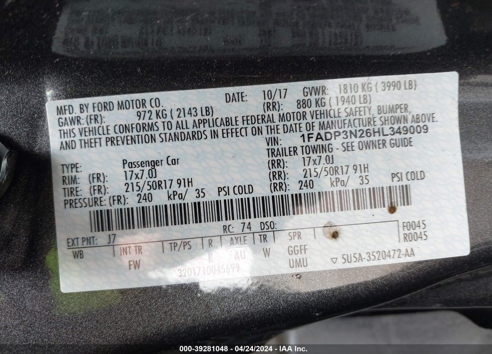 2017 FORD FOCUS TITANIUM VIN: 1FADP3N26HL349009