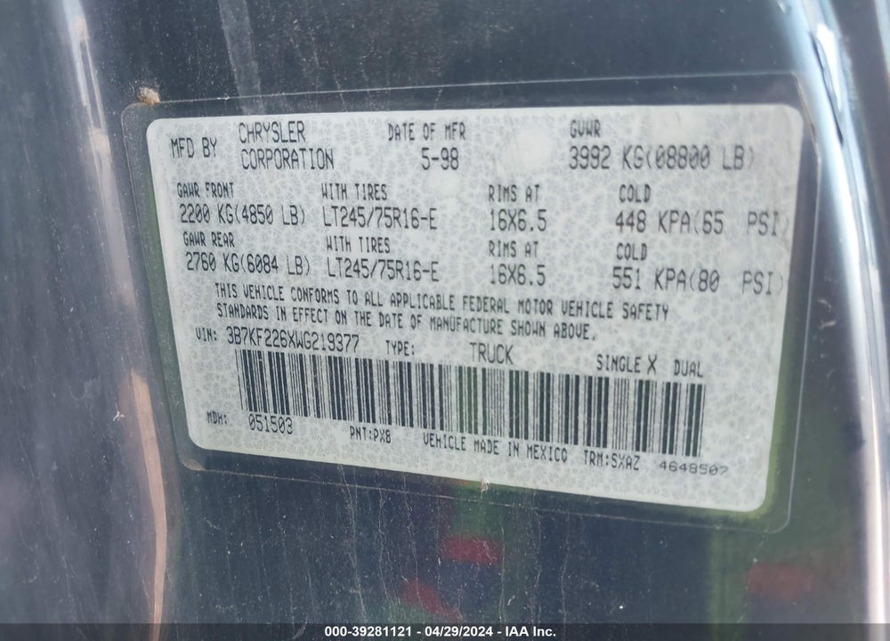 1998 DODGE RAM 2500 ST VIN: 3B7KF226XWG219377