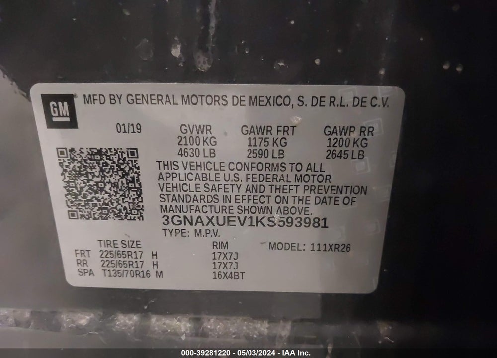 2019 CHEVROLET EQUINOX LT VIN: 3GNAXUEV1KS593981