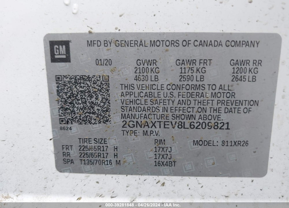 2020 CHEVROLET EQUINOX AWD 2FL VIN: 2GNAXTEV8L6209821