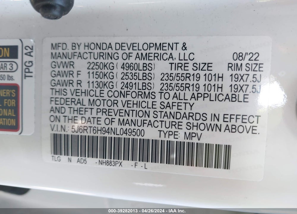 2022 HONDA CR-V HYBRID TOURING VIN: 5J6RT6H94NL049500