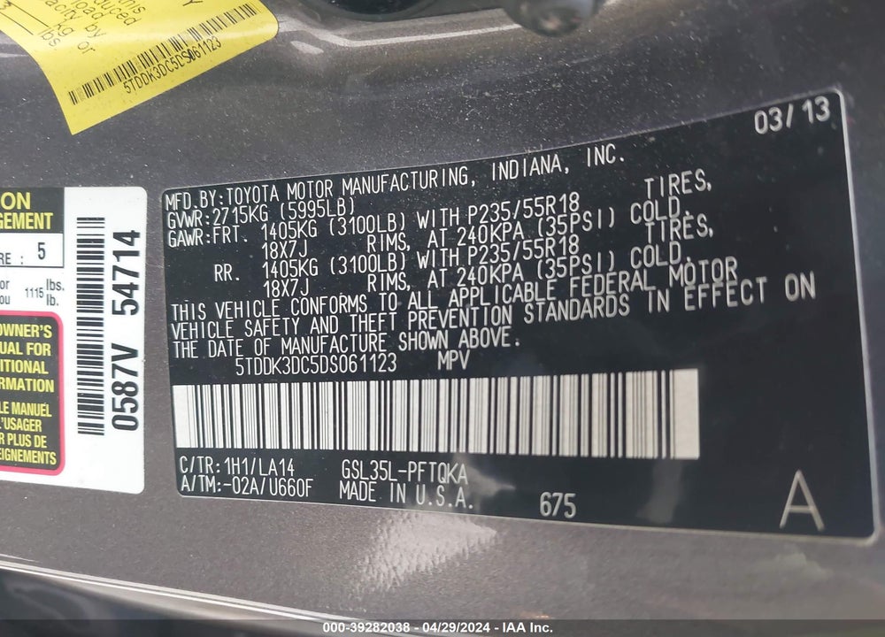 2013 TOYOTA SIENNA LIMITED 7 PASSENGER VIN: 5TDDK3DC5DS061123