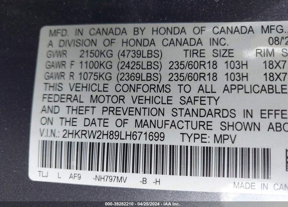 2020 HONDA CR-V AWD EX-L VIN: 2HKRW2H89LH671699