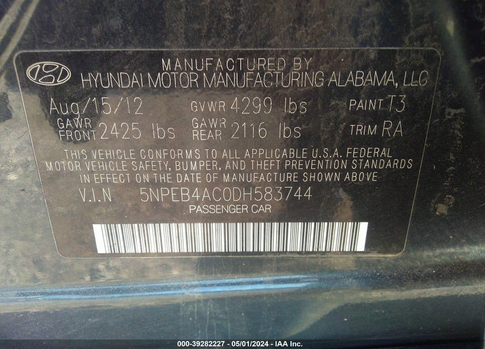 2013 HYUNDAI SONATA GLS VIN: 5NPEB4AC0DH583744