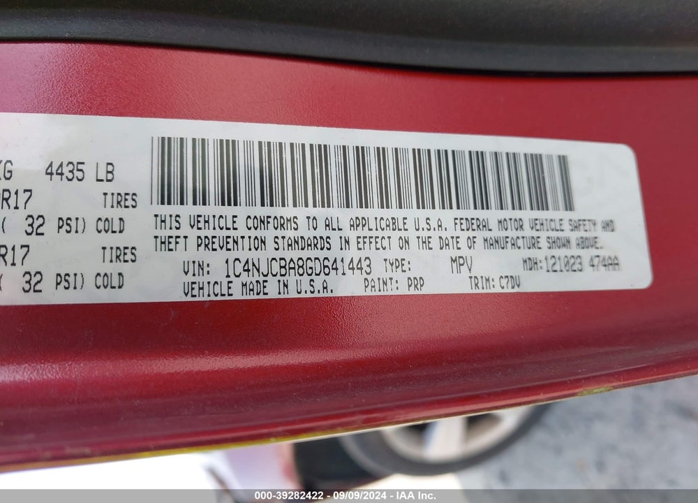 2016 JEEP COMPASS SPORT VIN: 1C4NJCBA8GD641443