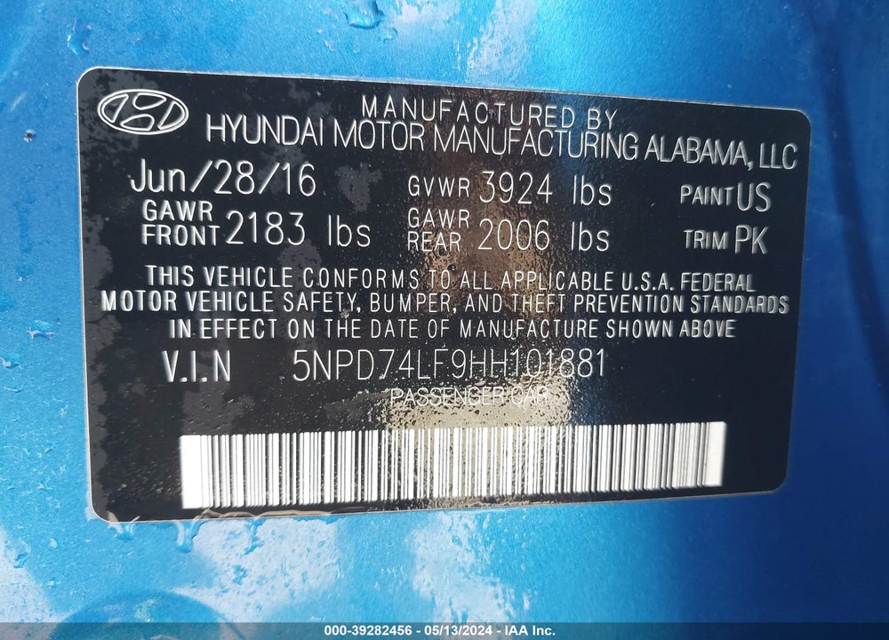 2017 HYUNDAI ELANTRA SE VIN: 5NPD74LF9HH101881