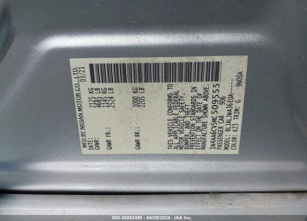 2021 NISSAN MAXIMA SV XTRONIC CVT VIN: 1N4AA6CV5MC509555