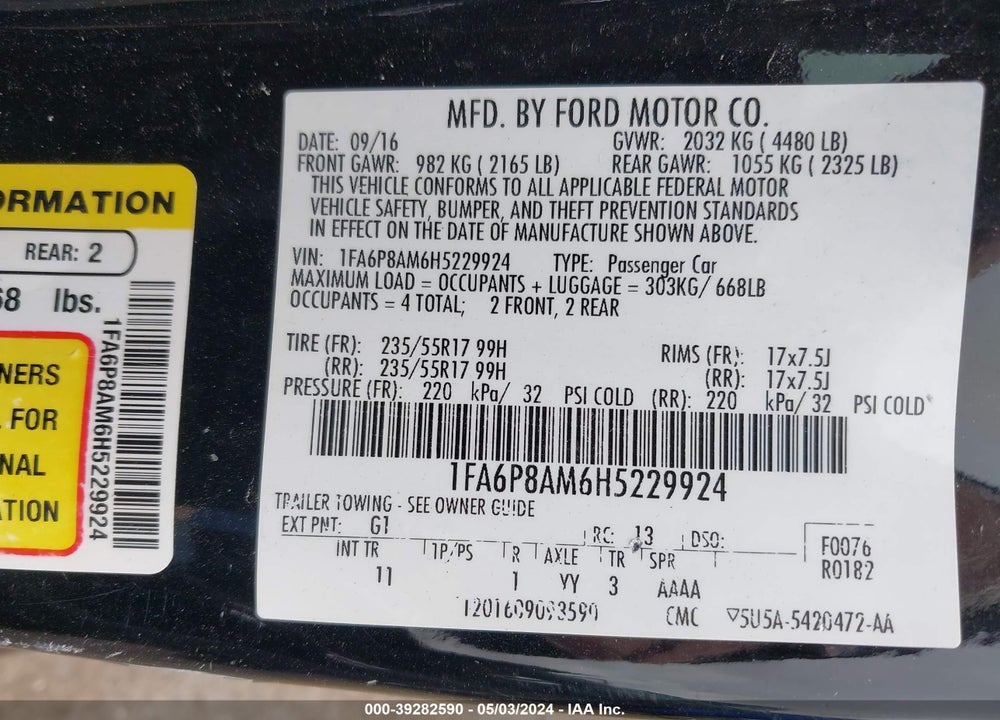 2017 FORD MUSTANG V6 VIN: 1FA6P8AM6H5229924