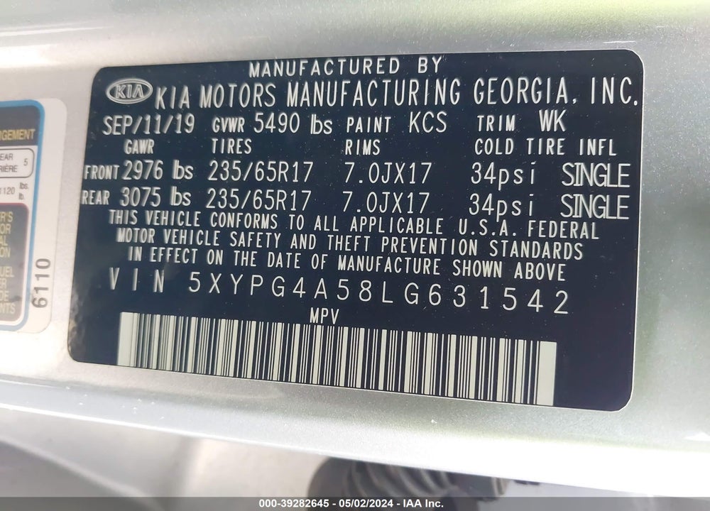 2020 KIA SORENTO 3.3L LX VIN: 5XYPG4A58LG631542