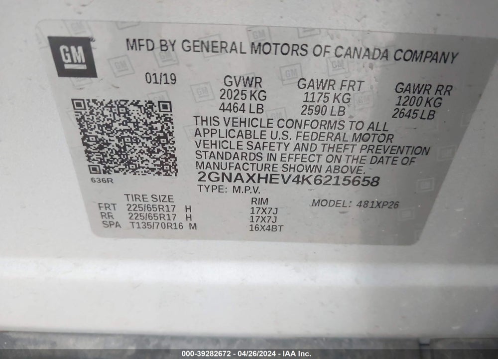 2019 CHEVROLET EQUINOX LS VIN: 2GNAXHEV4K6215658
