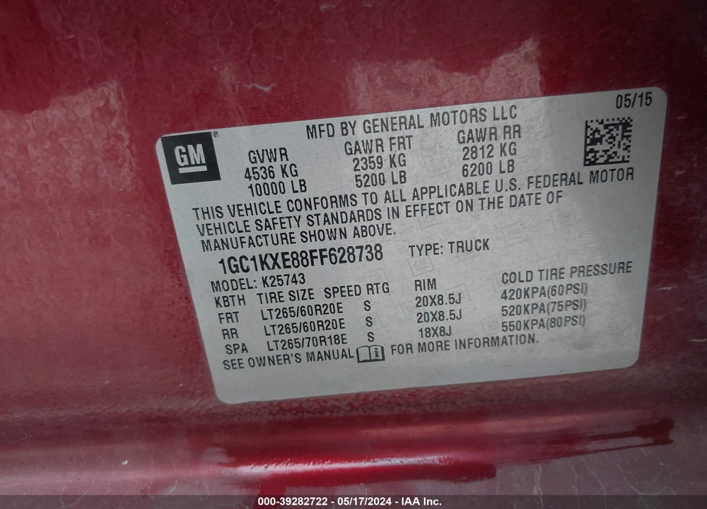 2015 CHEVROLET SILVERADO 2500HD HIGH COUNTRY VIN: 1GC1KXE88FF628738