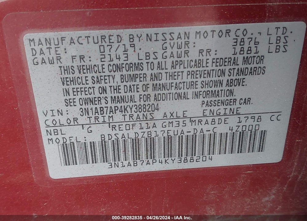 2019 NISSAN SENTRA SV VIN: 3N1AB7AP4KY388204