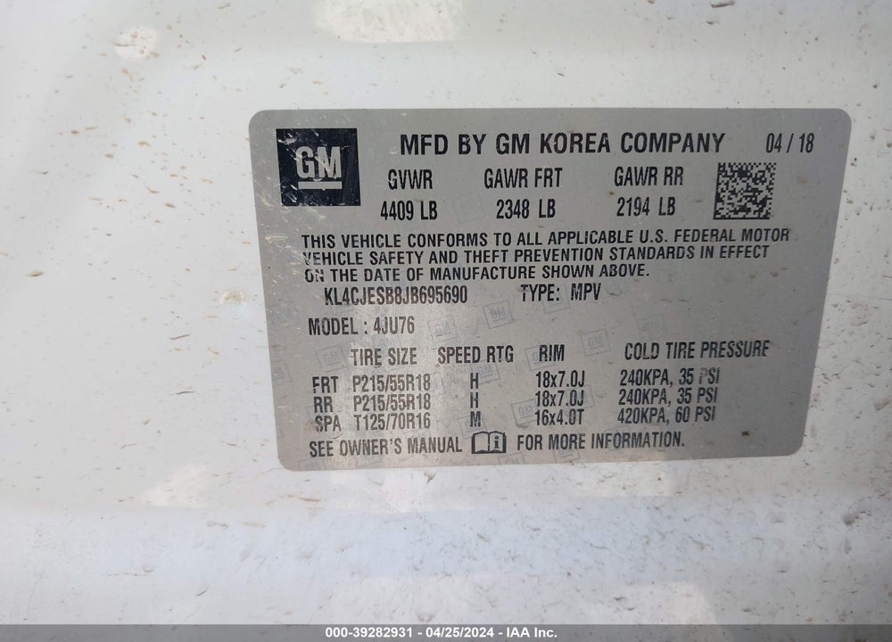 2018 BUICK ENCORE PREFERRED VIN: KL4CJESB8JB695690