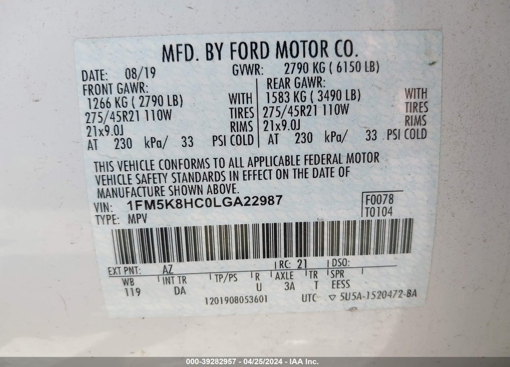 2020 FORD EXPLORER PLATINUM VIN: 1FM5K8HC0LGA22987