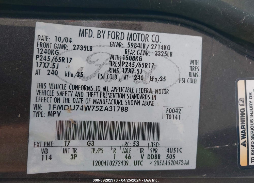 2005 FORD EXPLORER EDDIE BAUER VIN: 1FMDU74W75ZA31788