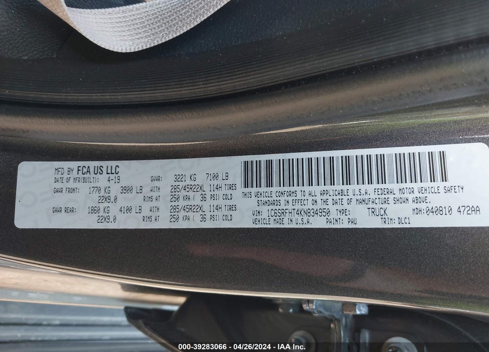 2019 RAM 1500 LIMITED 4X4 5'7 BOX VIN: 1C6SRFHT4KN834950