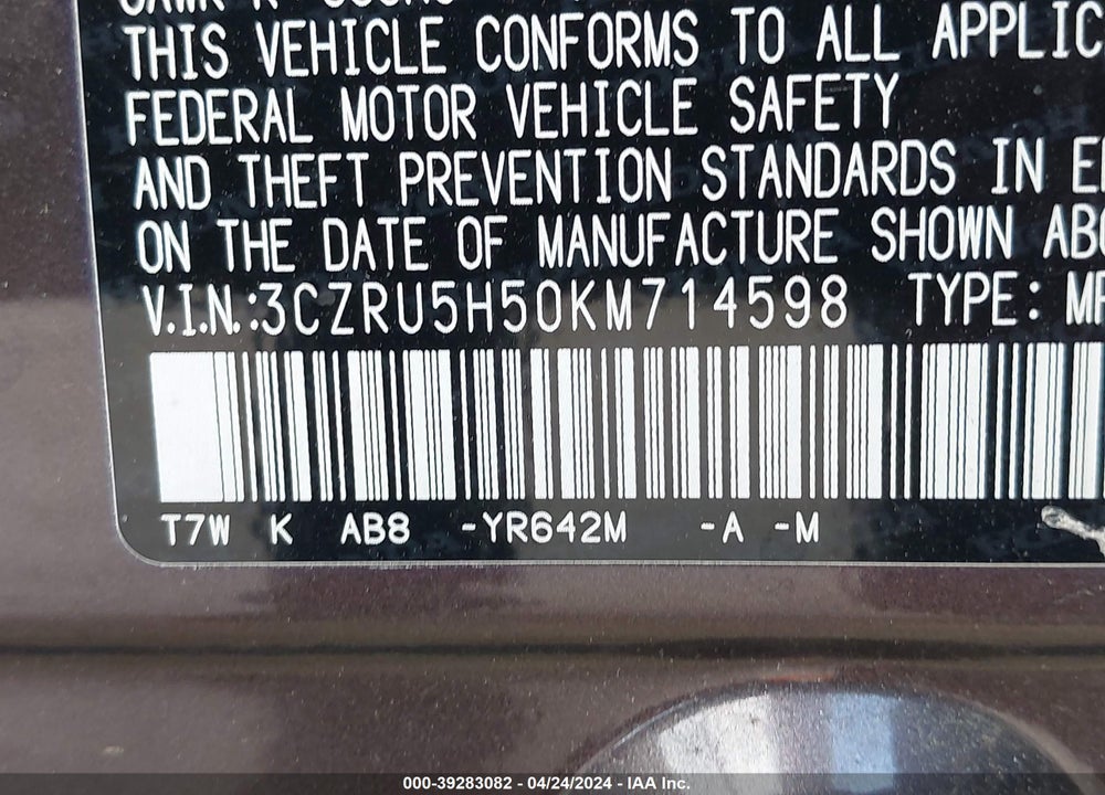 2019 HONDA HR-V EX VIN: 3CZRU5H50KM714598