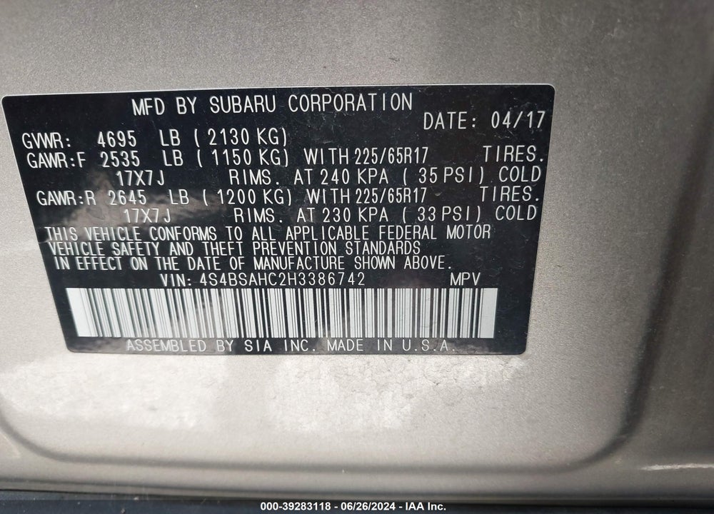 2017 SUBARU OUTBACK 2.5I PREMIUM VIN: 4S4BSAHC2H3386742