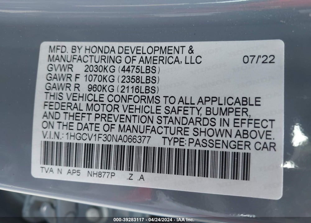 2022 HONDA ACCORD SPORT VIN: 1HGCV1F30NA066377
