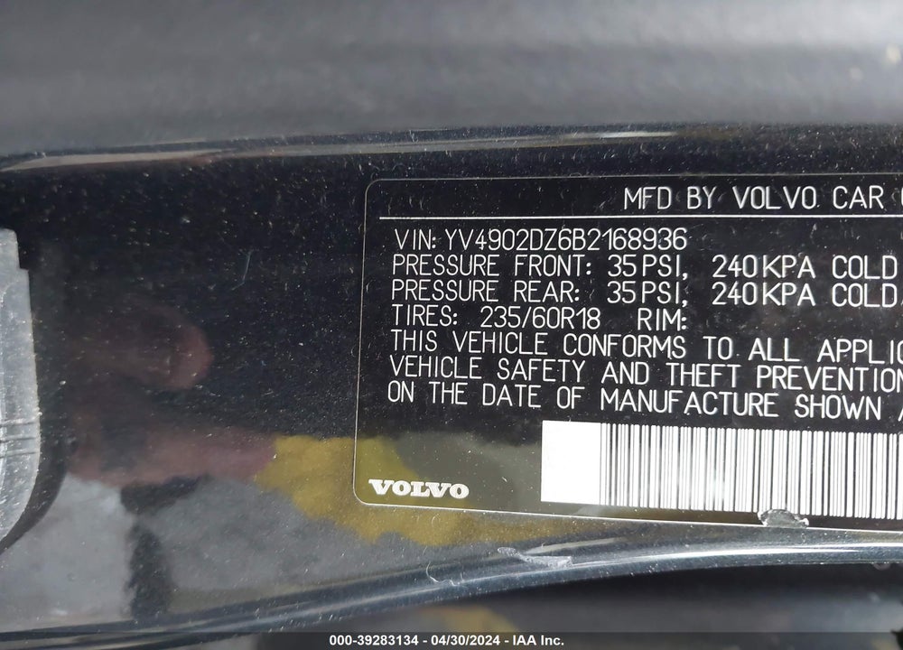 2011 VOLVO XC60 VIN: YV4902DZ6B2168936