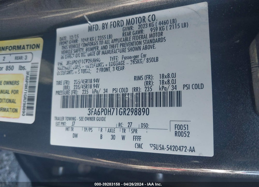 2016 FORD FUSION SE VIN: 3FA6P0H71GR298890