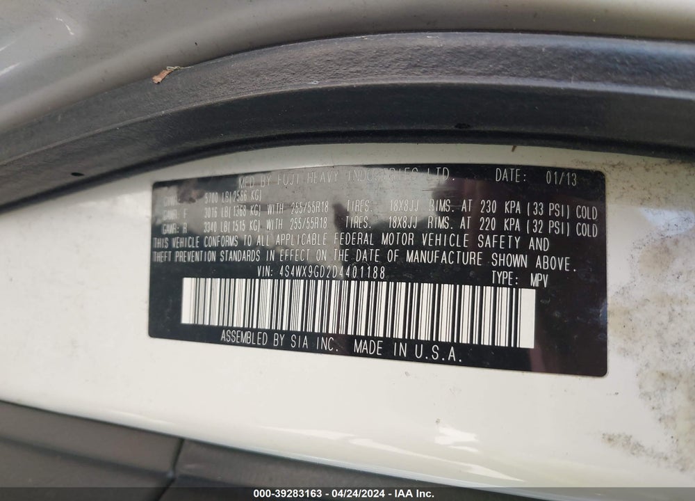 2013 SUBARU TRIBECA 3.6R LIMITED VIN: 4S4WX9GD2D4401188