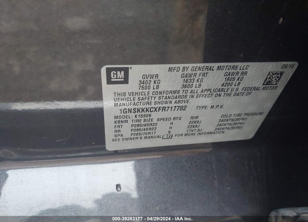 2015 CHEVROLET SUBURBAN 1500 LTZ VIN: 1GNSKKKCXFR717782
