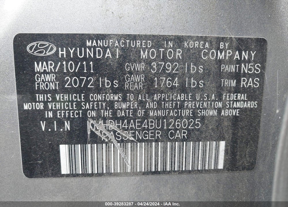 2011 HYUNDAI ELANTRA GLS (ULSAN PLANT) VIN: KMHDH4AE4BU126025