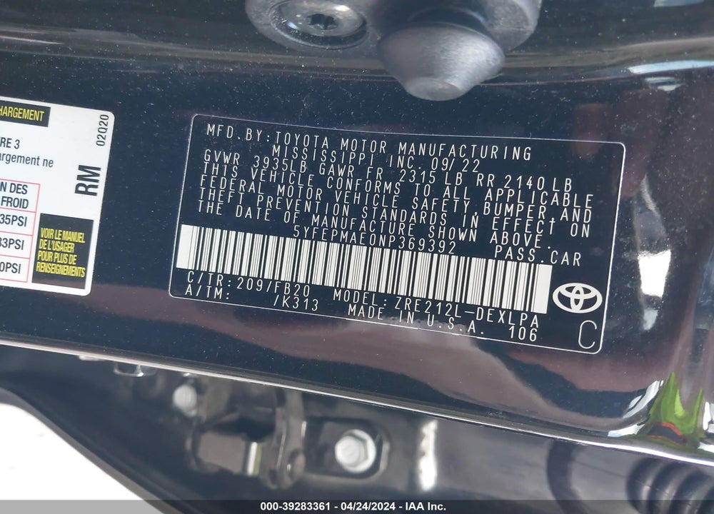 2022 TOYOTA COROLLA VIN: 5YFEPMAE0NP369392