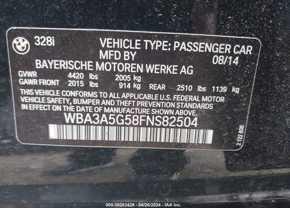 2015 BMW 328I VIN: WBA3A5G58FNS82504